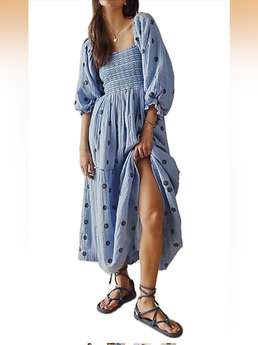 Smocked Square Neck Blue Maxi Dress with Floral Embroidery